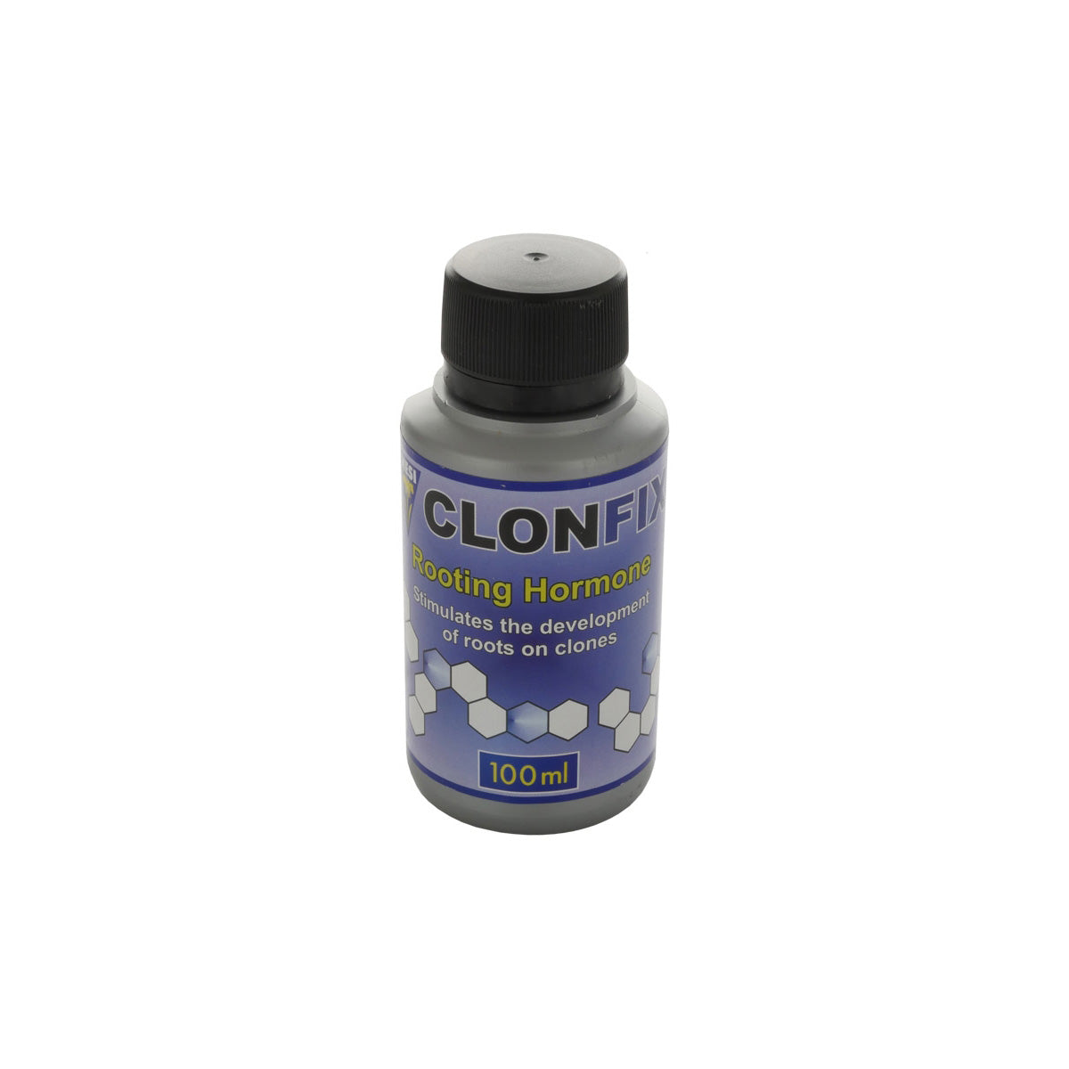 Pflanzenhilfsmittel ClonFix von der Marke Hesi in einem grauen 100ml Kunststofffläschchen mit blauem Etikett und schwarzem Deckel vor einem einfarbigen, weißen Hintergrund.
