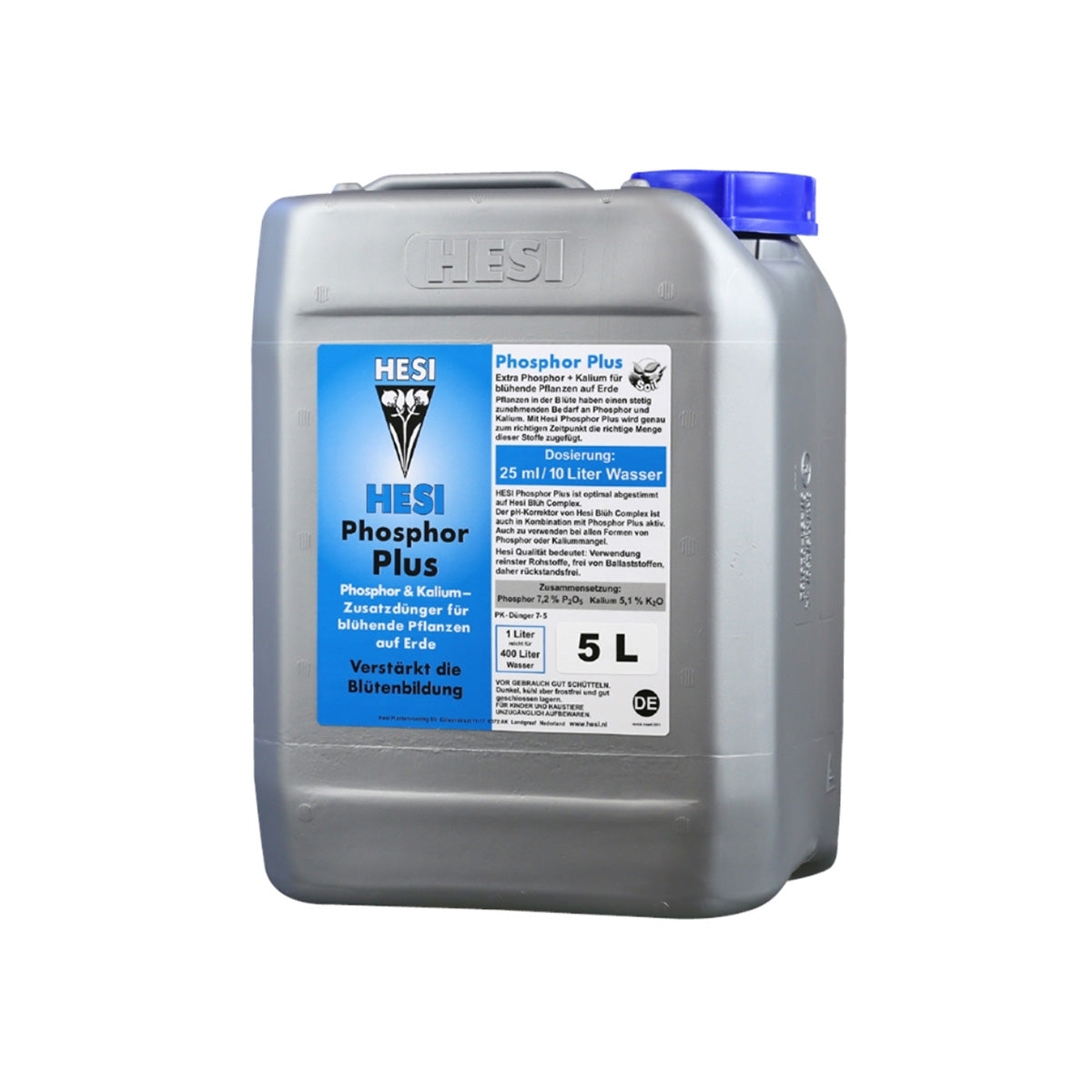 Erde-Dünger „Phosphor Plus“ von der Marke Hesi. Grau-silber farbiger Kunststoffbehälter mit blauem Deckel und blauem Etikett vor einem weißen Hintergrund.