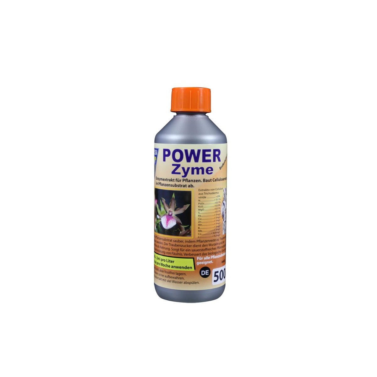 Pflanzenhilfsmittel PowerZyme von der Marke Hesi in einer grauen 500ml Kunststoffflasche mit Etikett und orangenem Deckel vor einem einfarbigen, weißen Hintergrund.