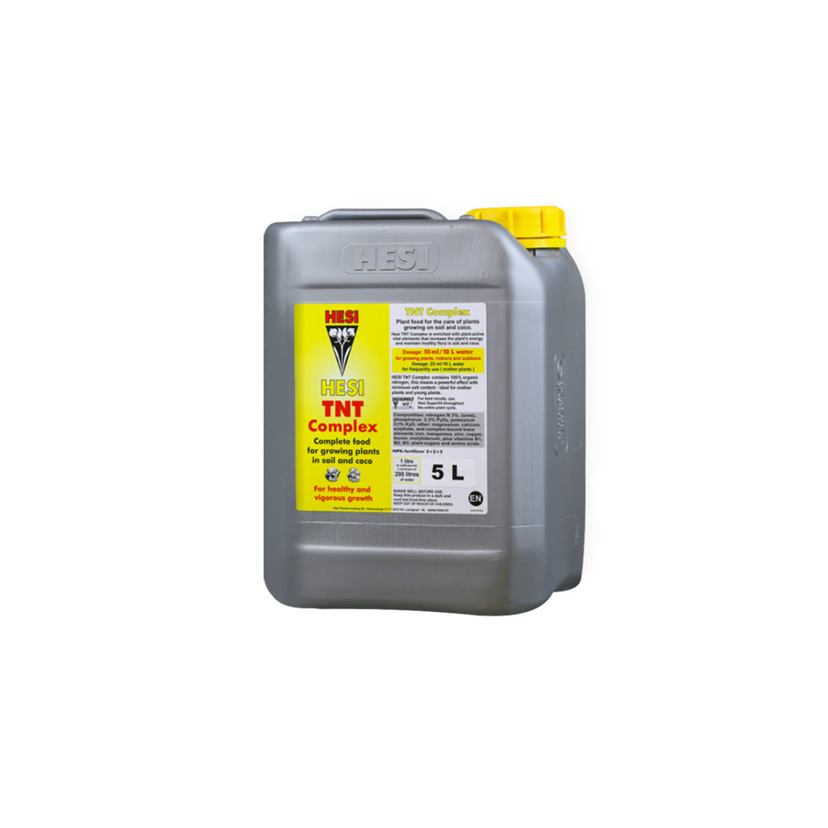 Erde-Dünger „TNT Complex“ von der Marke Hesi. Grau-silber farbiger Kunststoffbehälter mit gelbem Deckel und gelbem Etikett vor einem weißen Hintergrund.