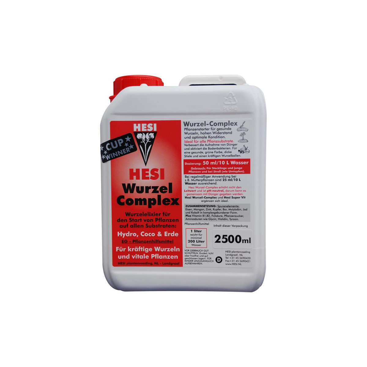 Pflanzenhilfsmittel Wurzel Complex von der Marke Hesi in einem grauen zwei Komma fünf Liter Kunststoffbehälter mit rotem Etikett und rotem Deckel vor einem einfarbigen, weißen Hintergrund.