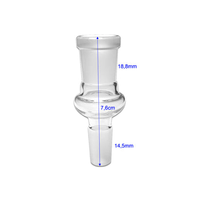 Bong Adapter von der Marke Jelly Joker mit 14,5 auf 18,8mm Funktion und mit Informationen zu der Größe. Aus hochwertigem Borosilikatglas. Auf einem weißen Hintergrund.
