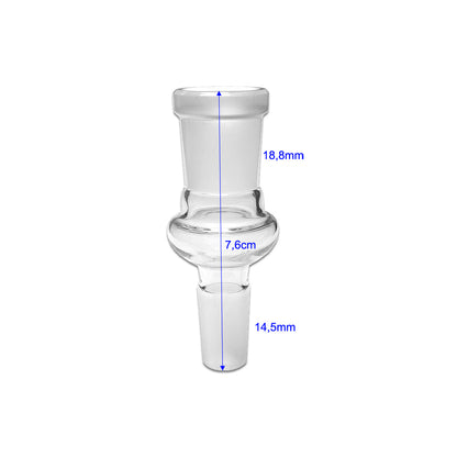 Bong Adapter aus Glas von der Marke Jelly Joker mit Informationen zu den Größenangaben auf einem weißen Hintergrund.