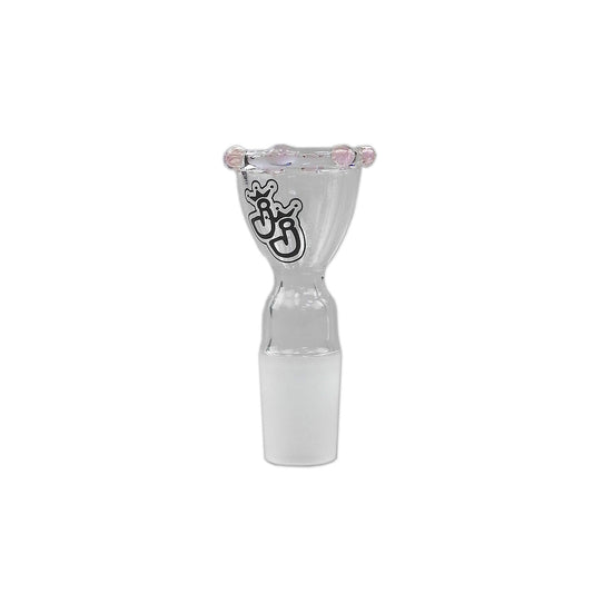Kronenkopf für die Bong. Praktisches Zubehör aus Borosilikatglas, transparent mit pinken Elementen. Auf dem Bong Kopf ist das Logo von Jelly Joker in schwarz darauf geprintet. Der Hintergrund ist weiß.