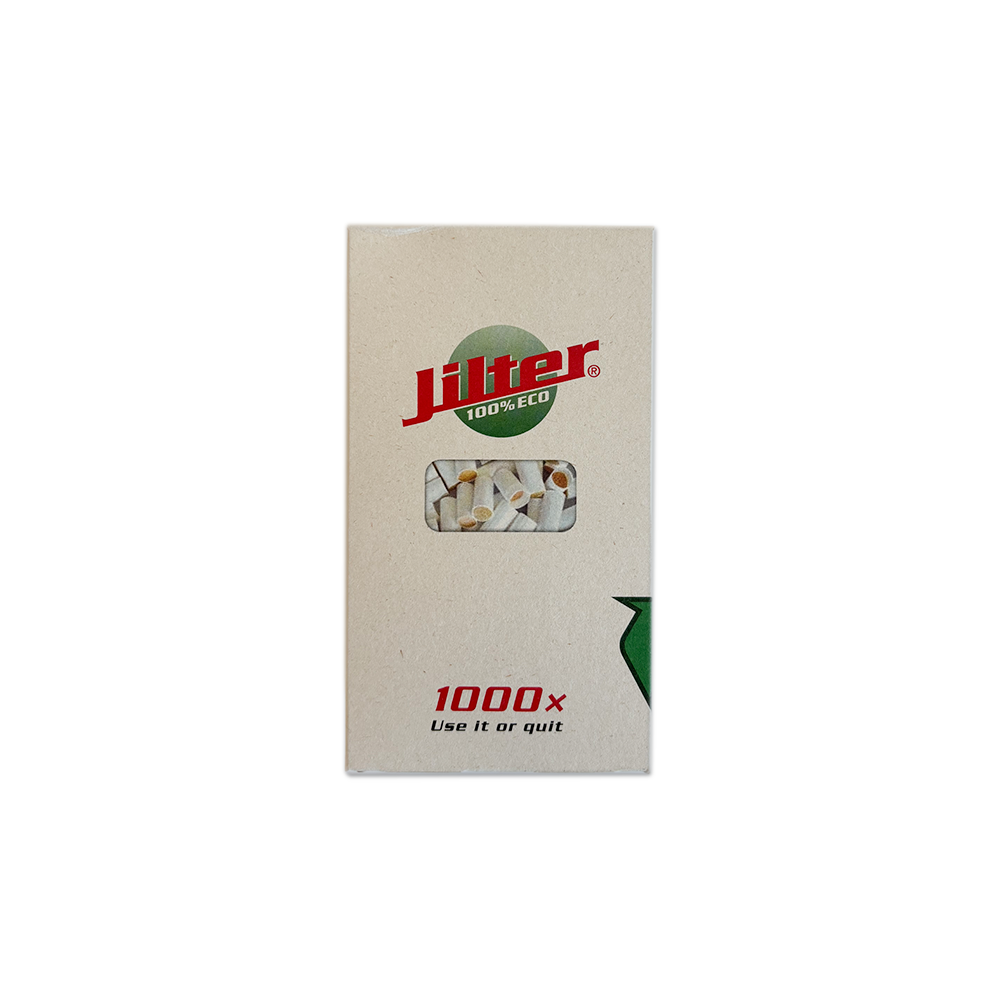 Eco Filter Tips von der Marke Jilter in einer Kartonverpackung und mit der Information dass tausend Stück drinnen sind.
