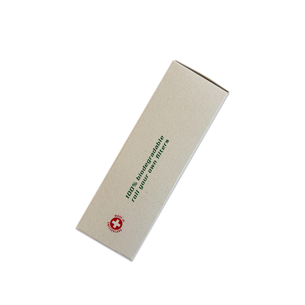 Seitliche Ansicht der Kartonverpackung von den pflanzlichen Filtern der Marke Jilter