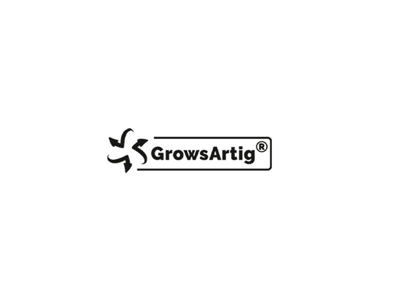 Logo von der Firma GrowsArtig. Schwarzer Schritzug mit einem schwarzen, nicht durchgängigen Rahmen. Links neben der Schrift ist ein schwarzes Symbol.