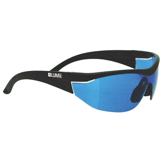 Growroom Brille von der Marke Lumii mit schwarzen Bügeln und blauen Brillengläsern