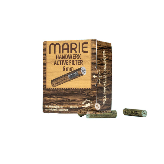 Handwerk Active Filter von der Marke MARIE. Vierunddreißig Stück Filter Tips in einer Kartonverpackung mit Holzoptik vor einem weißen Hintergrund.