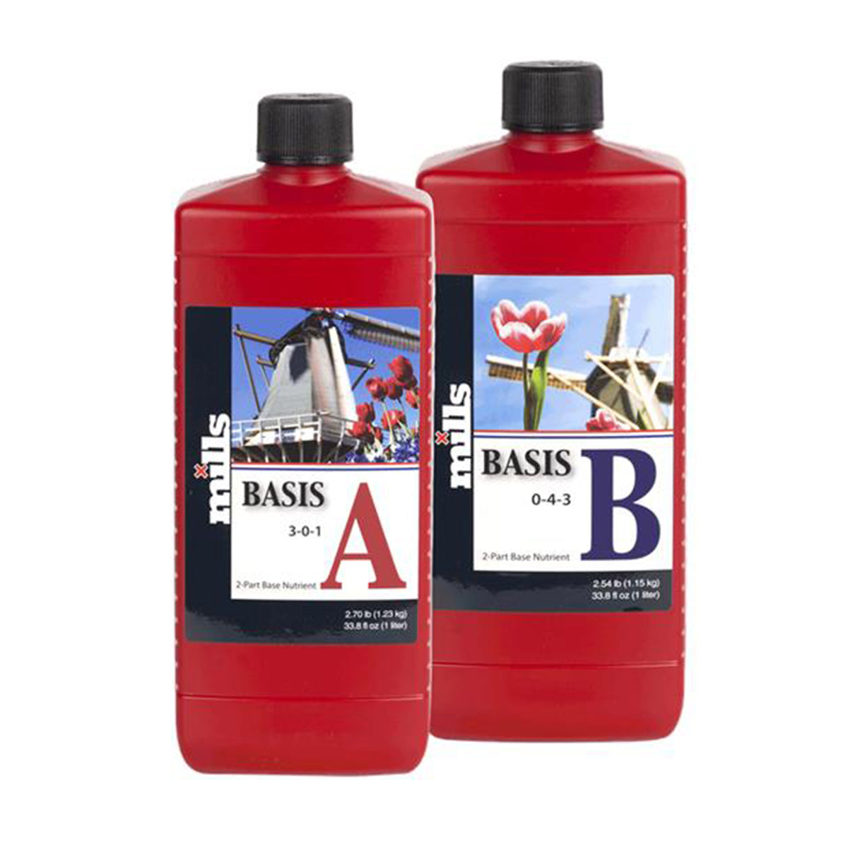 Mills Basis A und B Kombinationsdünger. Zwei rote ein Liter Flaschen mit schwarzen Deckeln auf einem weißen Hintergrund.