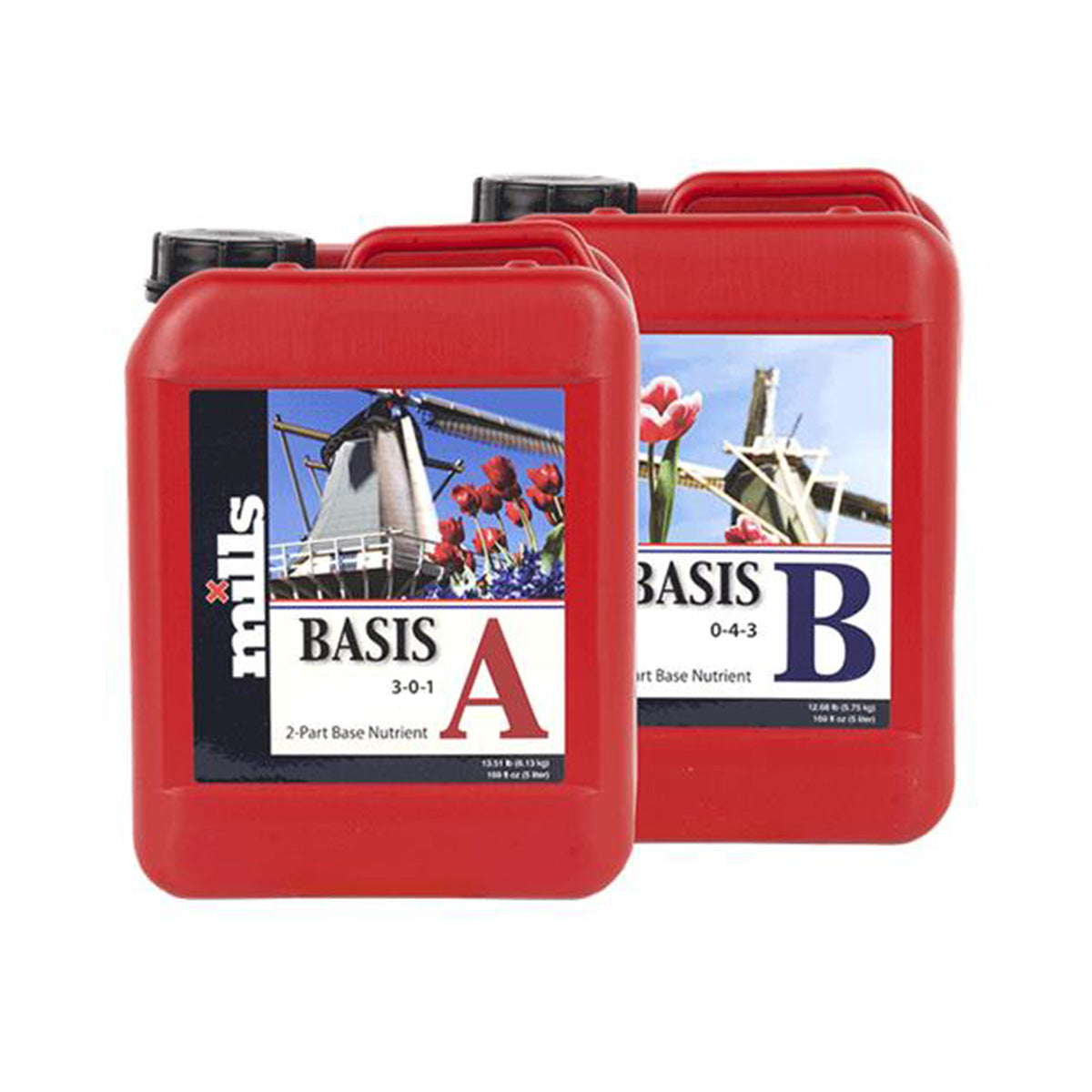 Mills Basis A und B Kombinationsdünger. Zwei rote fünf Liter Kanister mit schwarzen Deckeln auf einem weißen Hintergrund.