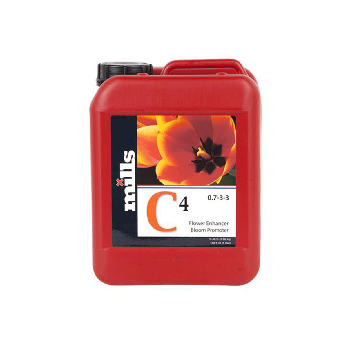 Mills C4 Pflanzenhilfsmittel von der Marke MILLS in einem roten Kunststoffbehälter mit Etikett und einem schwarzen Deckel vor einem weißen Hintergrund.