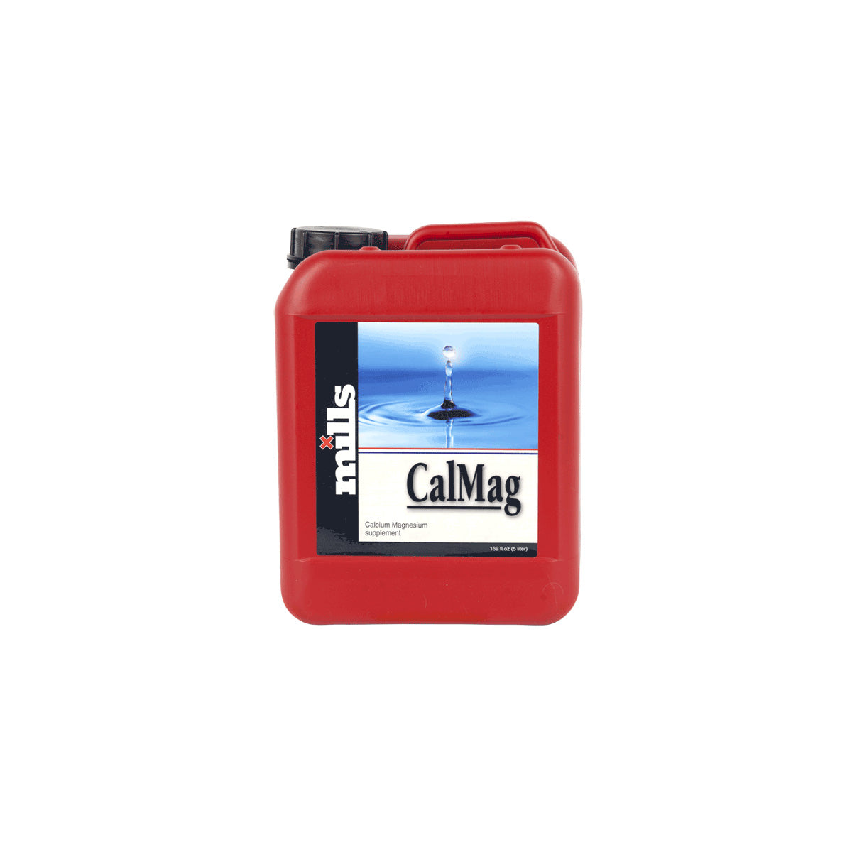 Mills Cal-Mag Pflanzenhilfsmittel von der Marke MILLS in einem roten Kunststoffbehälter mit Etikett und einem schwarzen Deckel vor einem weißen Hintergrund.