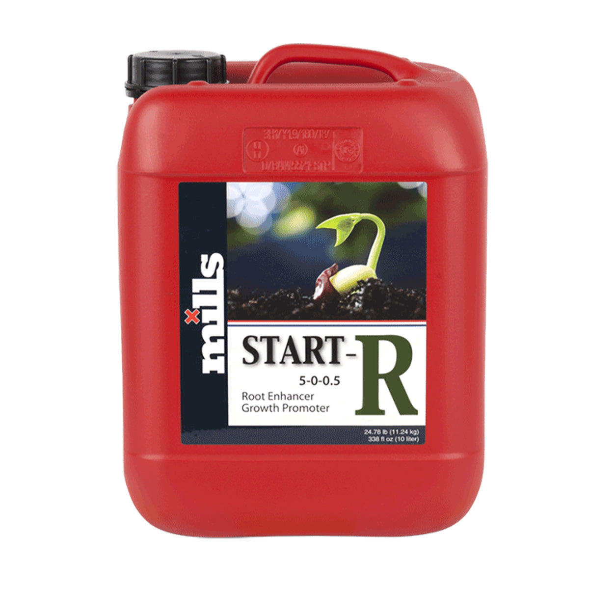Mills Start-R Kombinationsdünger. Roter zehn Liter Kanister mit schwarzem Deckel auf einem weißen Hintergrund.