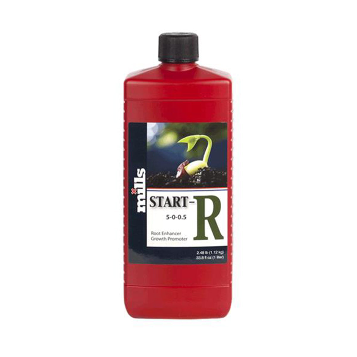Mills Start-R Kombinationsdünger. Rote ein Liter Flasche mit schwarzem Deckel auf einem weißen Hintergrund.