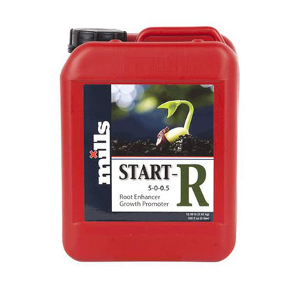 Mills Start-R Kombinationsdünger. Roter fünf Liter Kanister mit schwarzem Deckel auf einem weißen Hintergrund.