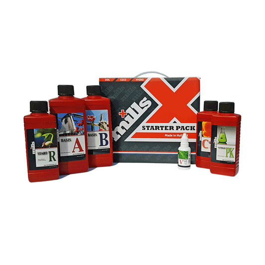 Ein Dünger-Starterpack von der Marke mills. Auf dem Bild zu sehen sind insgesamt sechs Flaschen in unterschiedlichen Größen sowie die Verpackung dieses Sets. Diese befindet sich vor einem weißen Hintergrund.