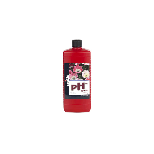 PH-Regulator „Mills pH- Blüte 1L“ für Pflanzen-Anzucht von der Marke Mills. Rote Kunststoffflasche mit Etikett und schwarzem Deckel vor einem weißen Hintergrund.