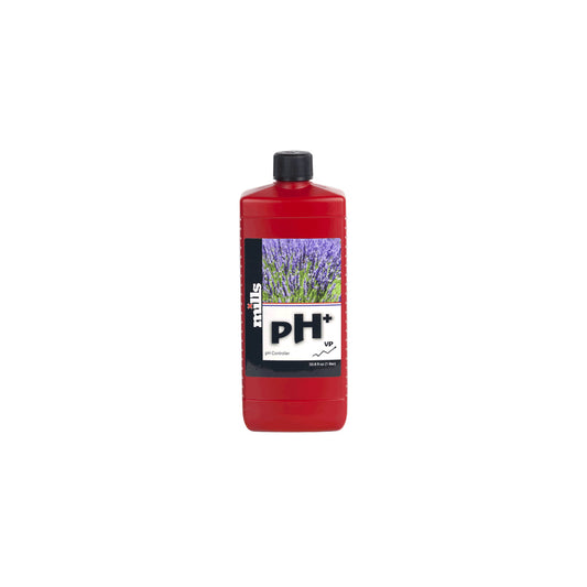 PH-Regulator „Mills pH+ 1L“ für Pflanzen-Anzucht von der Marke Mills. Rote Kunststoffflasche mit Etikett und schwarzem Deckel vor einem weißen Hintergrund.