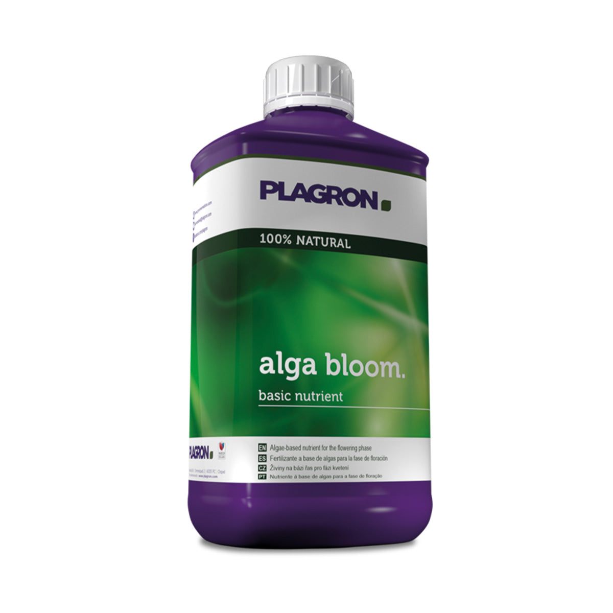 Plagron Alga Bloom Bio-Dünger von der Marke PLAGRON. Eine ein Liter Flasche in der Farbe lila mit einem Produktetikett drauf. Auf einem weißen Hintergrund.