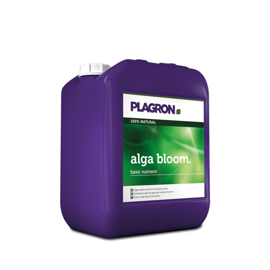 Plagron Alga Bloom Bio-Dünger von der Marke PLAGRON. Ein fünf Liter Kanister in der Farbe lila mit einem Produktetikett drauf. Auf einem weißen Hintergrund.