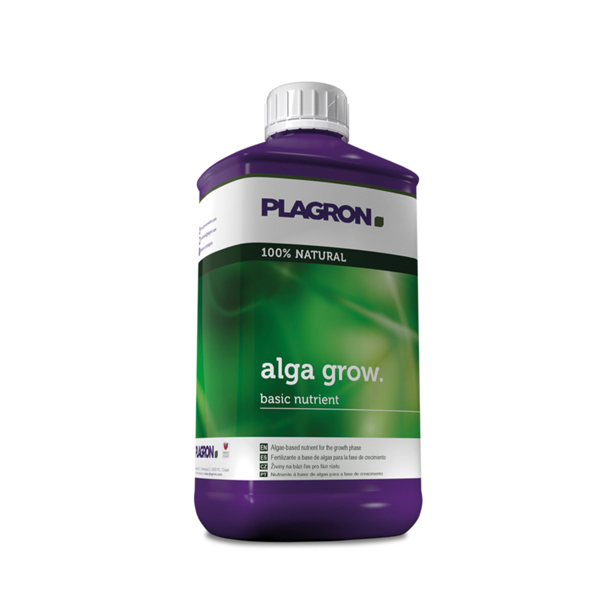 Plagron Alga Grow Bio-Dünger von der Marke PLAGRON. Eine ein Liter Flasche in der Farbe lila mit einem Produktetikett drauf. Auf einem weißen Hintergrund.