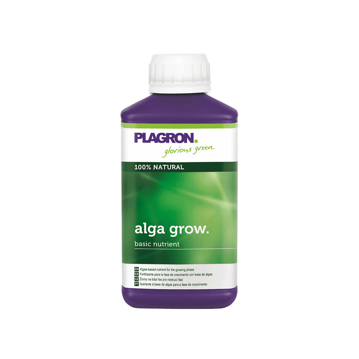 Plagron Alga Grow Bio-Dünger von der Marke PLAGRON. Eine 250 Milliliter Flasche in der Farbe lila mit einem Produktetikett drauf. Auf einem weißen Hintergrund.