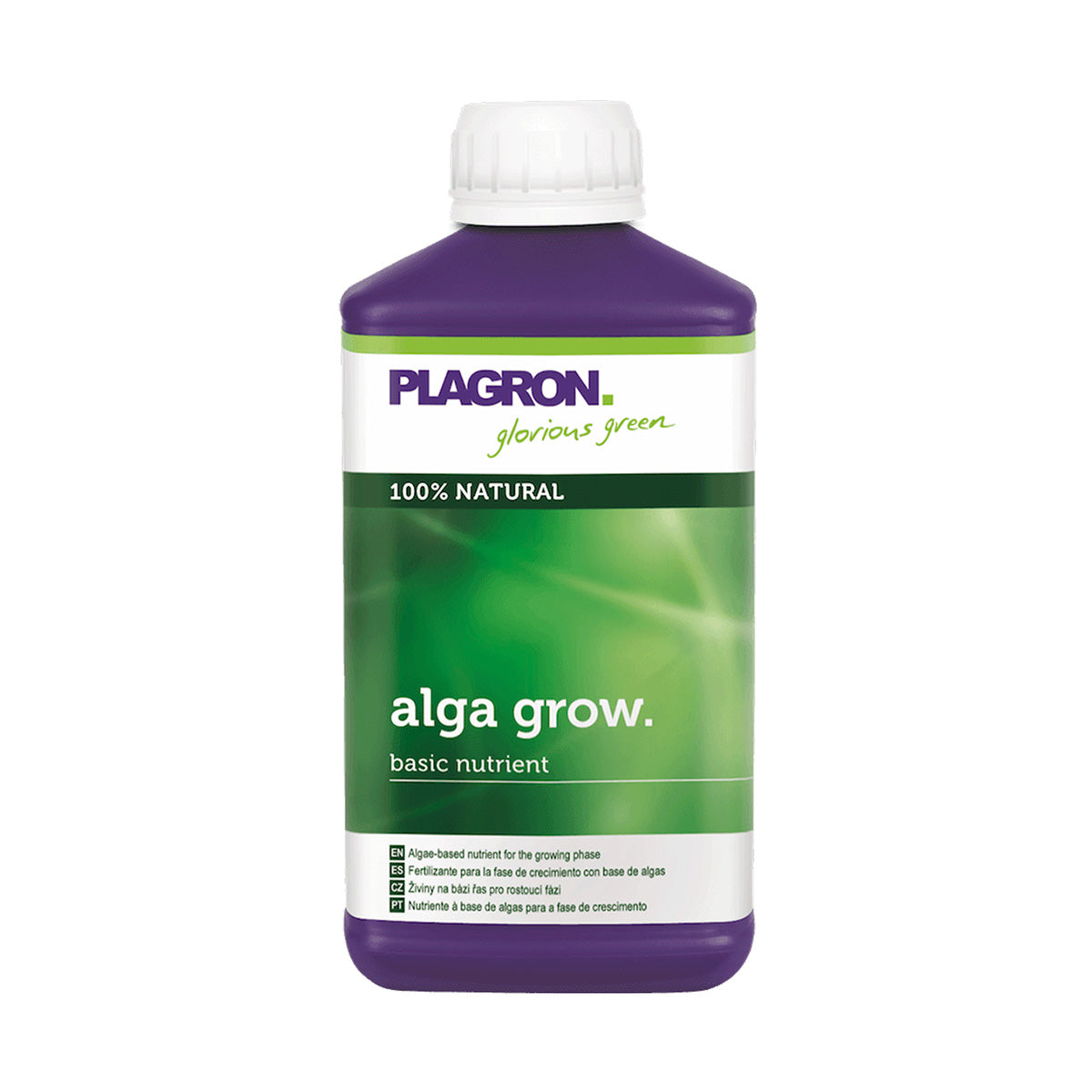 Plagron Alga Grow Bio-Dünger von der Marke PLAGRON. Eine 500 Milliliter Flasche in der Farbe lila mit einem Produktetikett drauf. Auf einem weißen Hintergrund.
