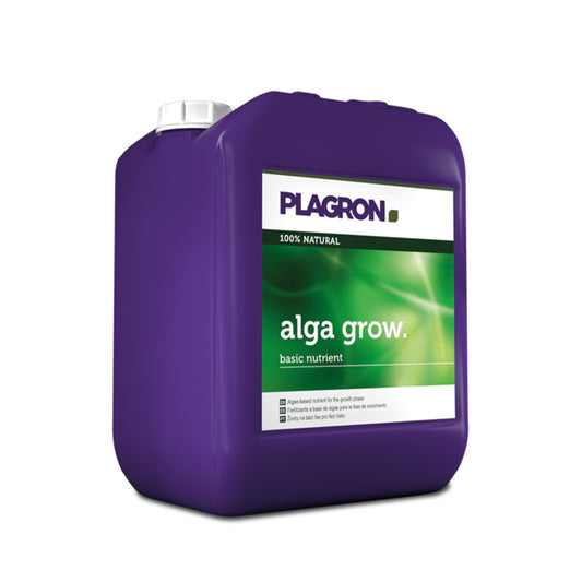 Plagron Alga Grow Bio-Dünger von der Marke PLAGRON. Ein fünf Liter Kanister in der Farbe lila mit einem Produktetikett drauf. Auf einem weißen Hintergrund.
