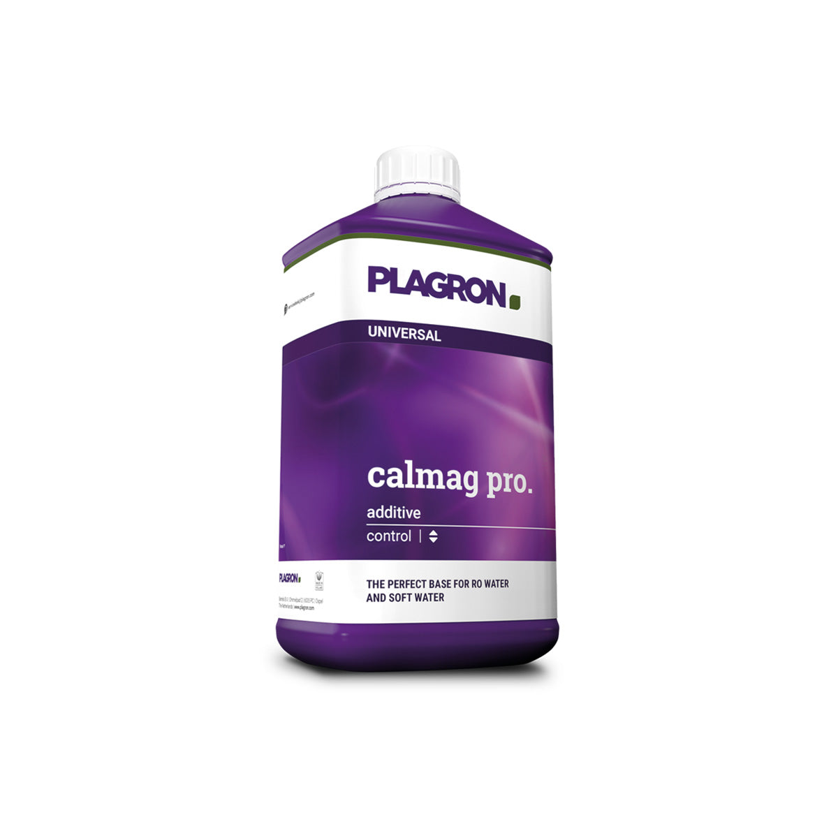 Pflanzenhilfsmittel CalMag Pro von der Marke Plagron in einem ein Liter Kunststoffbehälter in der Farbe lila und mit einem Etikett versehen vor einem weißen Hintergrund.