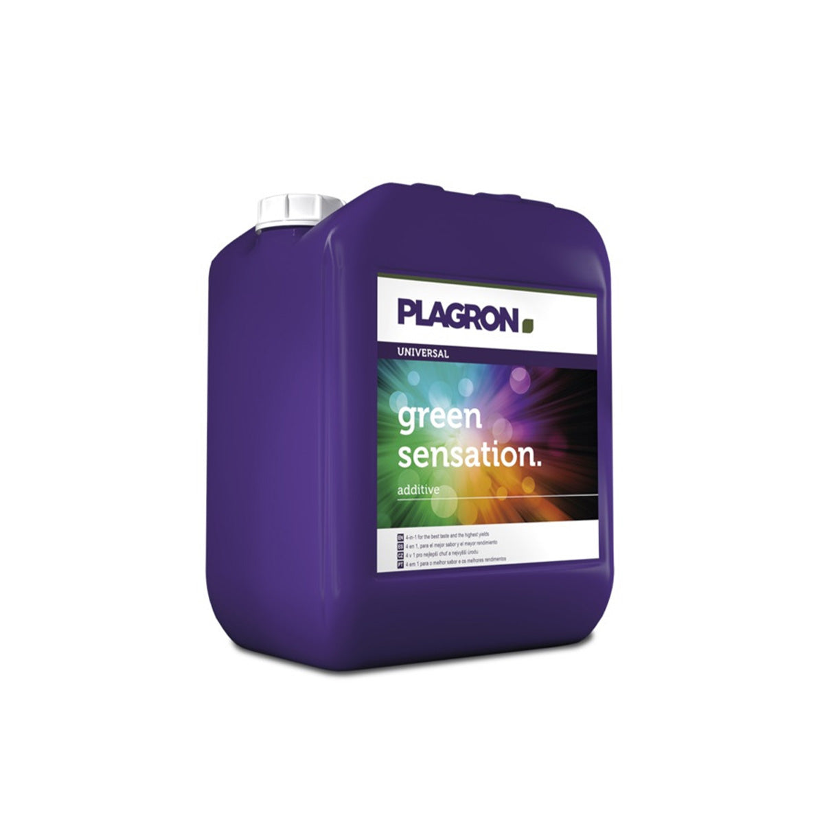 Pflanzenhilfsmittel Green Sensation von der Marke Plagron in einem fünf Liter Kunststoffbehälter in der Farbe lila und mit einem Etikett versehen vor einem weißen Hintergrund.
