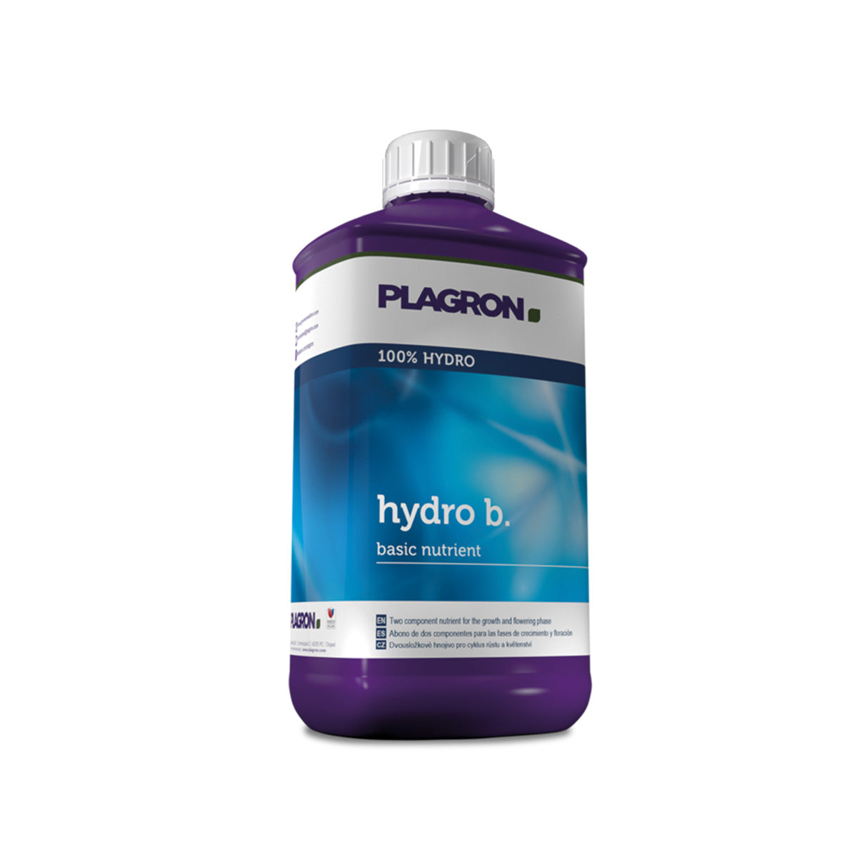 Eine Flasche Plagron Hydro B Hydro-Dünger. Ein Liter Flasche in der Farbe lila mit blauem Etikett und weißem Deckel auf einem weißen Hintergrund.