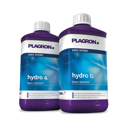 Zwei Flaschen Plagron Hydro A+B Hydro-Dünger. Ein Liter Flaschen in der Farbe lila mit blauen Etiketten und weißen Deckeln auf einem weißen Hintergrund.