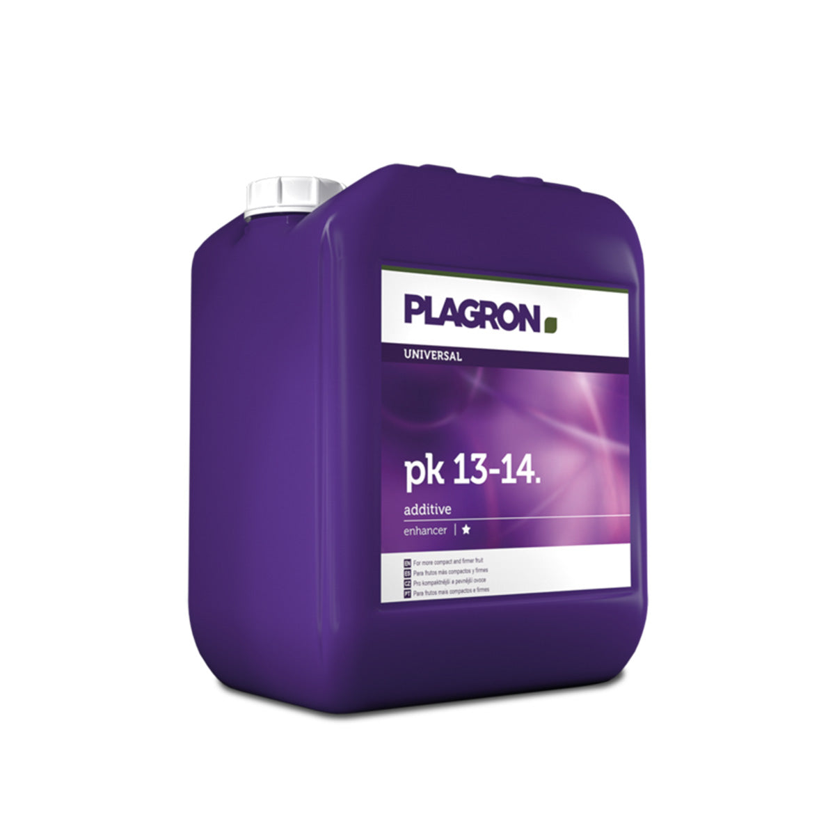 Pflanzenhilfsmittel PK 13-14 von der Marke Plagron in einem fünf Liter Kunststoffbehälter in der Farbe lila und mit einem Etikett versehen vor einem weißen Hintergrund.