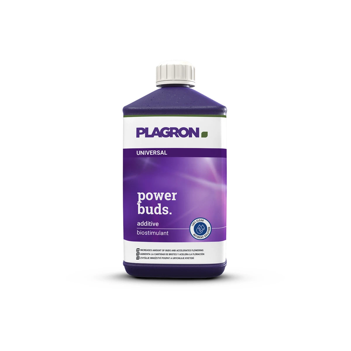 Pflanzenhilfsmittel Power Buds von der Marke Plagron in einem ein Liter Kunststoffbehälter in der Farbe lila und mit einem Etikett versehen vor einem weißen Hintergrund.