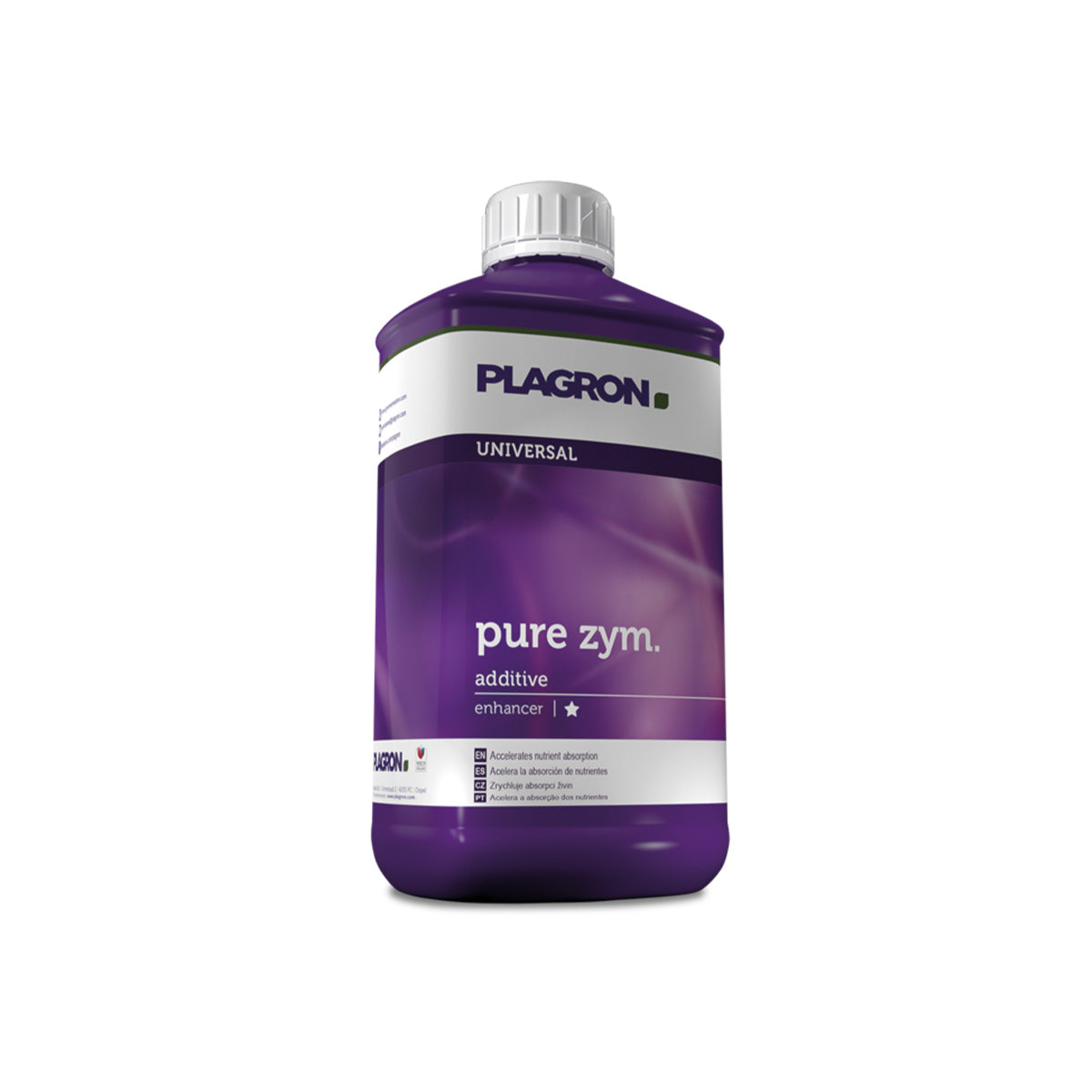 Pflanzenhilfsmittel Pure Zym von der Marke Plagron in einem ein Liter Kunststoffbehälter in der Farbe lila und mit einem Etikett versehen vor einem weißen Hintergrund.