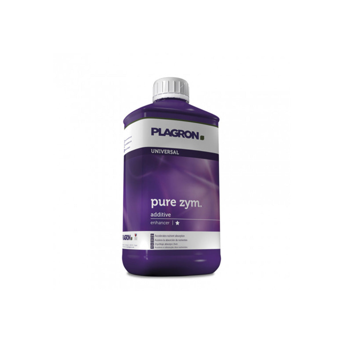 Pflanzenhilfsmittel Pure Zym von der Marke Plagron in einem fünfhundert Milliliter Kunststoffbehälter in der Farbe lila und mit einem Etikett versehen vor einem weißen Hintergrund.