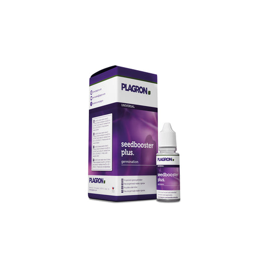 Seedboster als Hilfsmittel zum Growen. Pflanzenhilfsmittel von der Marke Plagron. Seedbooster in einem Kunststofffläschchen mit der Kartonverpackung stehen vor einem weißen Hintergrund.