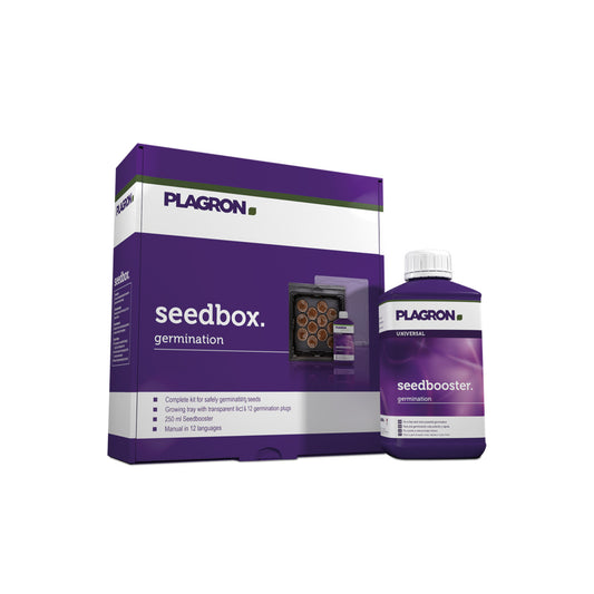 Seedbox als Set zum Growen von der Marke Plagron. Verpackung und Kunststoffflasche vor einem weißen Hintergrund.