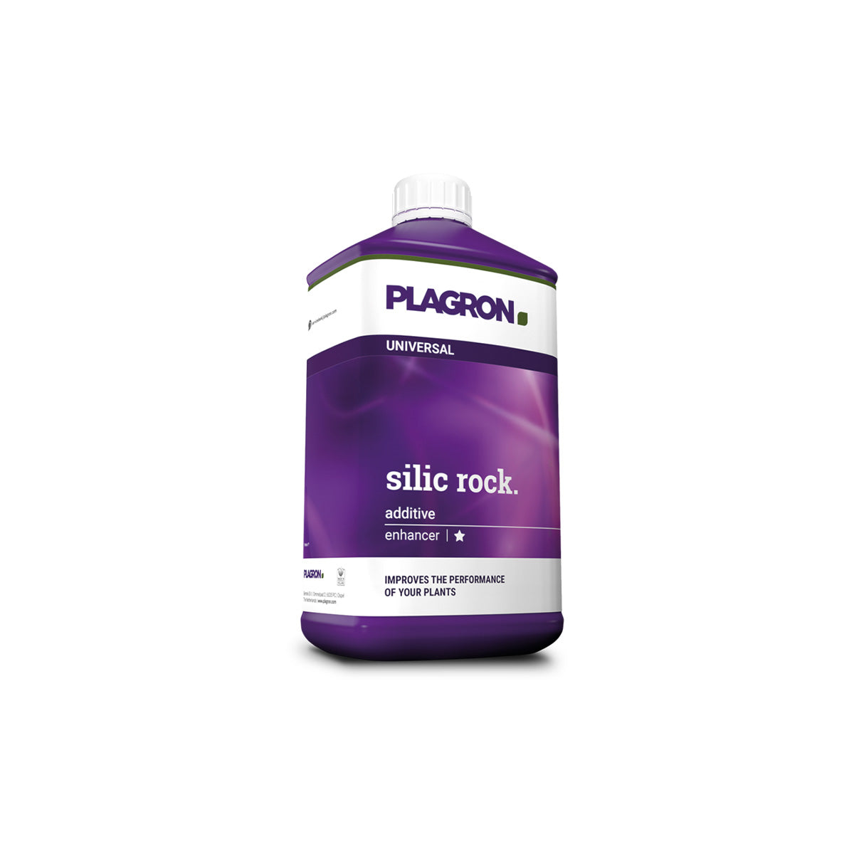 Pflanzenhilfsmittel Silic Rock von der Marke Plagron in einem fünfhundert Milliliter Kunststoffbehälter in der Farbe lila und mit einem Etikett versehen vor einem weißen Hintergrund.