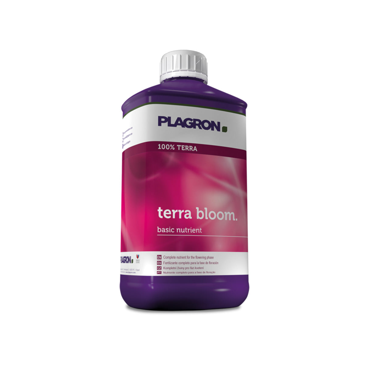 Ein Produktfoto von Terra Bloom von der Marke Plagron. Ein lila Kunststoffbehälter mit einem weißen Deckel, einem Etikett das rund um den Behälter geht vor einem weißen Hintergrund.