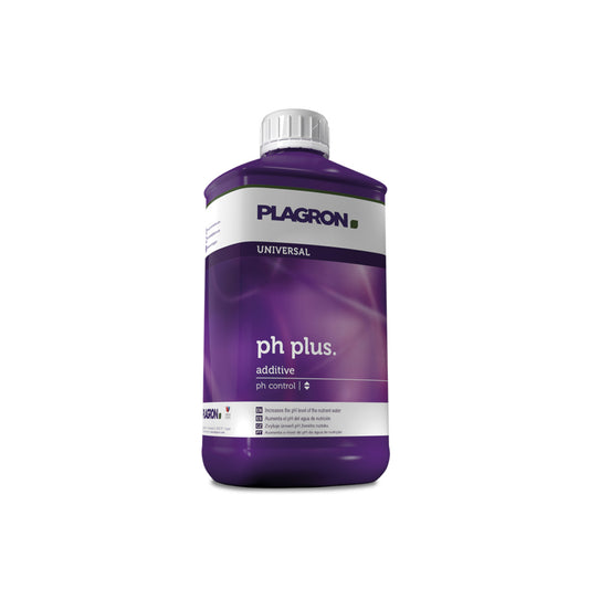 PH-Regulator „Plagron pH Plus“ für Pflanzen-Anzucht von der Marke PLAGRON. Längliche, rechteckige Kunststoffflasche mit abgerundeten Ecken, einem Etikett und weißem Deckel vor einem weißen Hintergrund.