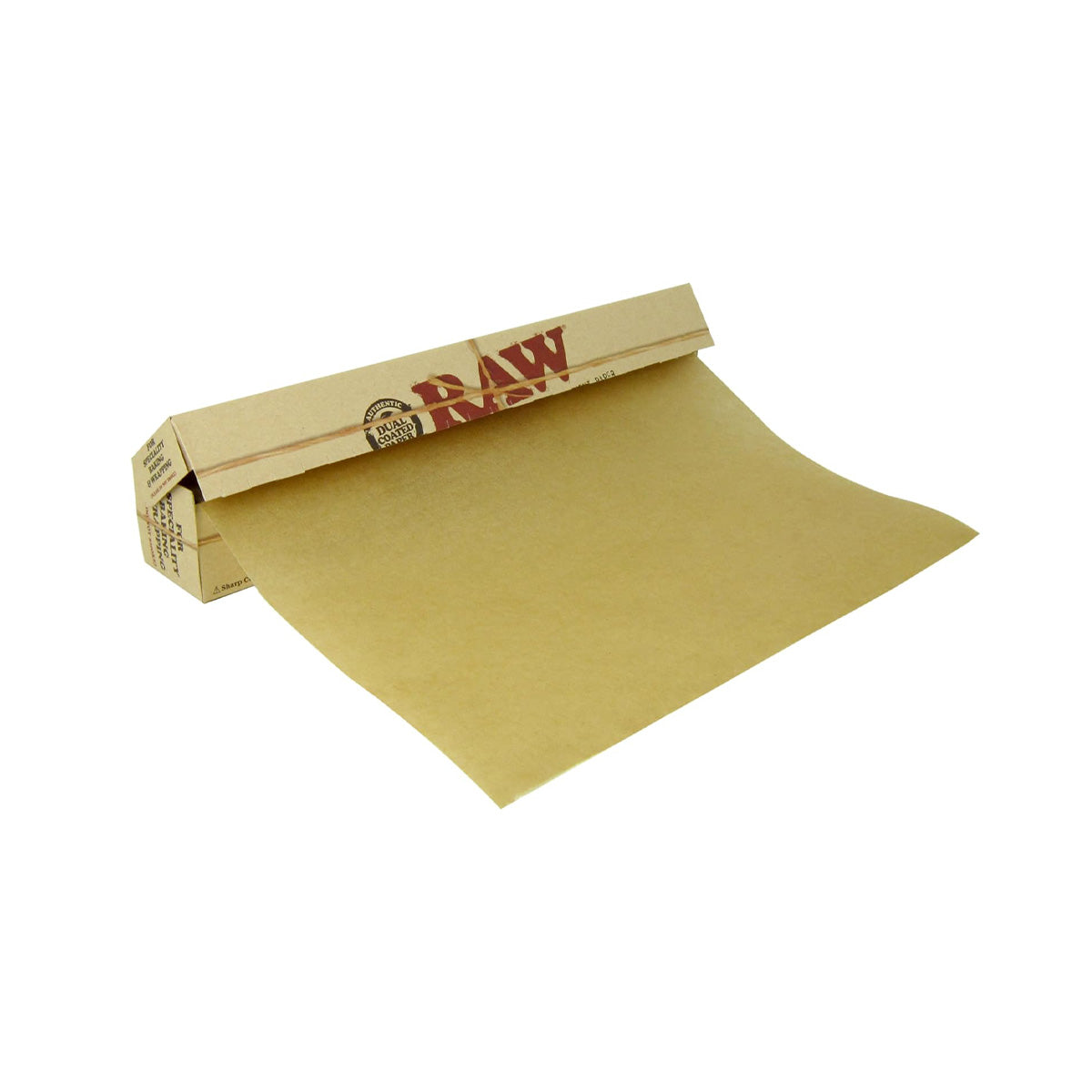 Pergament Papier zum Drehen von Zigaretten oder Joints von der Marke RAW. Das Paper hat eine Länge von zehn Meter und eine Breite von dreißig Zentimeter. Das Papier hat eine braune Naturfarbe. Das Produkt befindet sich auf einem weißen Hintergrund.