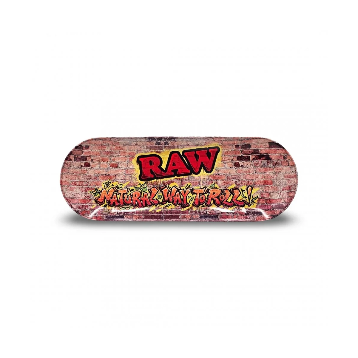 Rolling Tray von der Marke Raw in der Form von einem Skateboard-Deck. Das Rolling Tray hat ein Graffiti Muster.