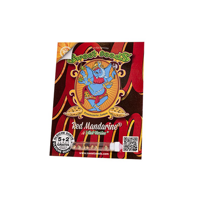 Verpackung der Red Mandarine Hanfsamen von Sweet Seeds. Die Verpackung hat die Farbe rot. Das Logo von Sweet Seeds sitzt zentral und im Fokus drauf. Zu sehen sind sieben kleine Hanfsamen in einer Glasröhre.