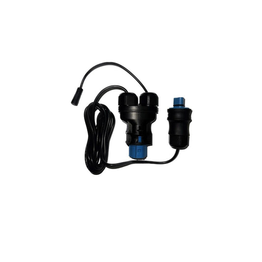 LED Zubehör von der Marke SANlight. Ein Dimmer Splitter der EVO Serie in der Farbe schwarz mit blauen Teilen, auf einem weißen Hintergrund.