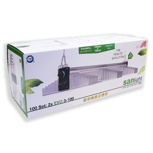 Verpackung der LED Growlampe im Set. LED Growlampe im Set. Im Set dabei sind die LED Growlampe mit drei länglichen, schmalen Lampen mit integrierten LEDs,  ein schwarzes Netzteil, zwei Stück Aufhängungen und zwei Dimmer für die Beleuchtung.