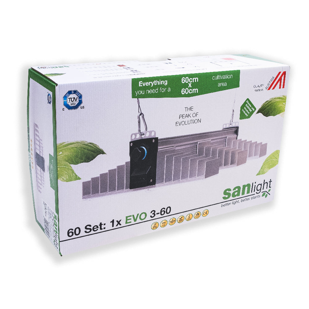 Verpackung der LED Growlampe im Set. LED Growlampe im Set. Im Set dabei sind die LED Growlampe mit drei länglichen, schmalen Lampen mit integrierten LEDs,  ein schwarzes Netzteil, zwei Stück Aufhängungen und ein Dimmer für die Beleuchtung.