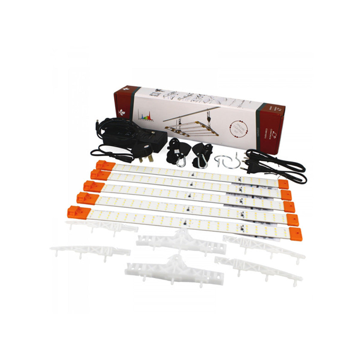 Secret Jardin Cosmorrow 100W Full Spectrum Kit für Growing. LED Lampe mit Aufhängung und Zubehör, fünf LED-Lichterleisten, Kabel und Verpackung auf einem weißen Hintergrund.