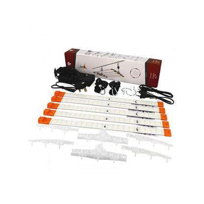 Secret Jardin Cosmorrow 100W Full Spectrum Kit für Growing. LED Lampe mit Aufhängung und Zubehör, fünf LED-Lichterleisten, Kabel und Verpackung auf einem weißen Hintergrund.